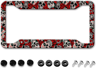 Skulls Red Rose Pattern Πλαίσιο πινακίδας αυτοκινήτου 2 Pack Θήκη πινακίδας κυκλοφορίας με 4 τρύπες πλαίσιο ετικέτας αυτοκινήτου για γυναίκες άνδρες Οχήματα ΗΠΑ