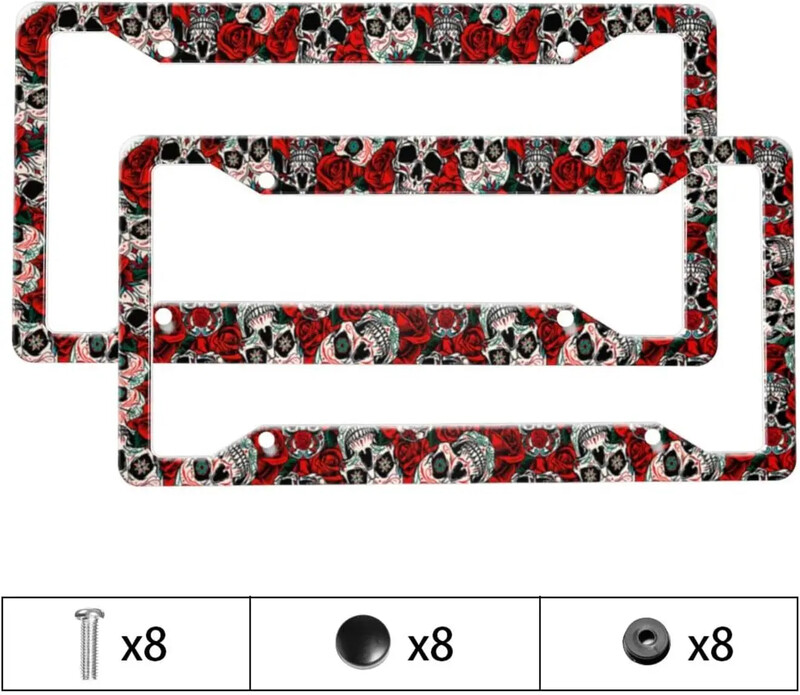Skulls Red Rose Pattern Πλαίσιο πινακίδας αυτοκινήτου 2 Pack Θήκη πινακίδας κυκλοφορίας με 4 τρύπες πλαίσιο ετικέτας αυτοκινήτου για γυναίκες άνδρες Οχήματα ΗΠΑ