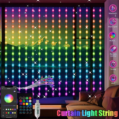 RGBIC aizkaru gaismas virkne USB spraudnis tālvadības pults LED aizkaru apgaismojuma APP Bluetooth vadības virtene telpu dekorēšanai