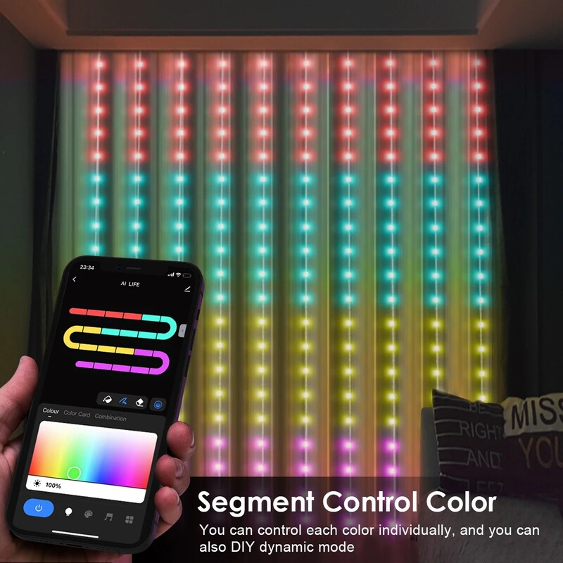 RGBIC svjetiljke za zavjese USB utikač Daljinski upravljač LED svjetiljke za zavjese APLIKACIJA Bluetooth upravljanje žičane svjetiljke za dekoracije prostorija