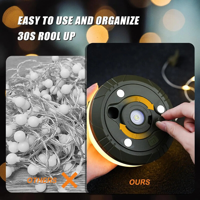 Četri vienā kempinga gaismas LED spoles virteņu gaismas āra USB kempinga lampa Pārstrādājama LED atmosfēras gaisma dārza telts istabas dekorēšanai