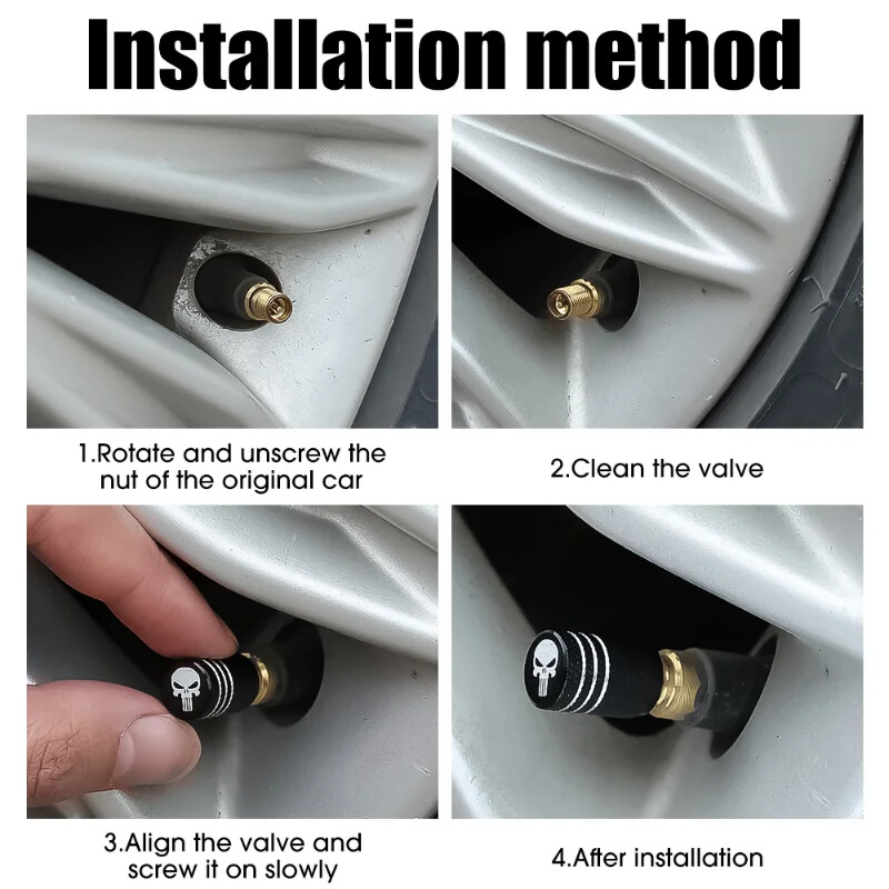 Jauni 4gab/iepakojumā alumīnija sakausējuma vārsta serdes vāks Creative Skull Head Logo auto riepu vārstu vāciņi -ar hermētiķa spilventiņu piederumiem rīki