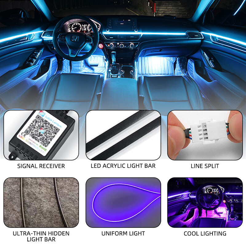 22 In1LED Symphony Strip Auto aksesuāri RBG 64 krāsu auto Apkārtējais salons Akrila sloksnes vadotne Fiber Optic Salona apgaismojums