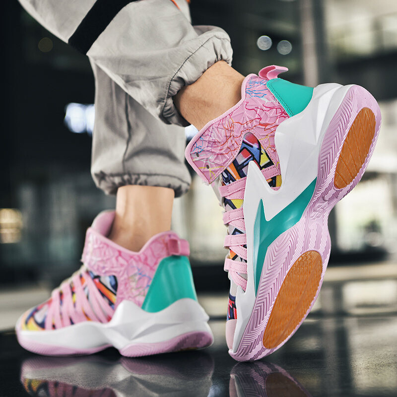 Modne muške košarkaške tenisice s ružičastim grafitima Sportske cipele s printom Muške visoke neklizajuće košarkaške tenisice Muška košara