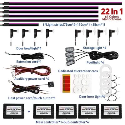 22 in 1 18 in 1 Symphony RGB Auto Apkārtējās gaismas Atmosfēras Salons 64 Krāsas LED Akrila Vadītāja Fiber Optic Universāls Dekorējums