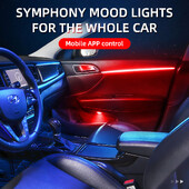 RBG 64 krāsu automašīnas apkārtējās gaismas salona akrila sloksnes gaismas virzītājs šķiedru optikas salona apdares atmosfēras lampa 18in1 LED