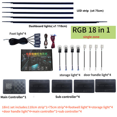 RBG 64 krāsu automašīnas apkārtējās gaismas salona akrila sloksnes gaismas virzītājs šķiedru optikas salona apdares atmosfēras lampa 18in1 LED