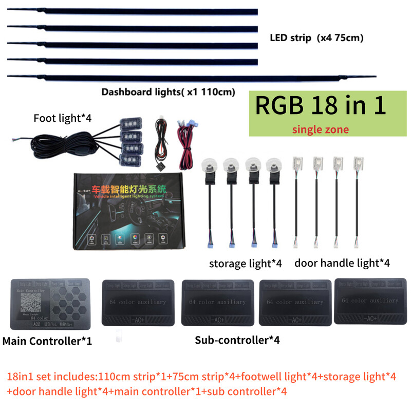 RBG 64 Έγχρωμα Φώτα Περιβάλλοντος Αυτοκινήτου Εσωτερικό Ακρυλικό Οδηγός Φωτισμού Οπτικών ινών Διακόσμηση εσωτερικού χώρου Φωτιστικό Ατμόσφαιρας 18In1 LED