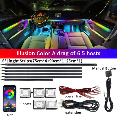 6in1 automašīnas salona akrila vadotnes šķiedras sloksne 18 in 1 fona apgaismojums automašīnas apkārtējās gaismas RBG 64 krāsu dekorēšana atmosfēras lampa earu