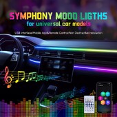 Automašīnas LED apkārtējā gaisma USB 64 krāsu akrila sloksnes 110 cm pilnas krāsas RGB automašīnas salons, slēptā lietotne tālvadības pults atmosfēras lampa
