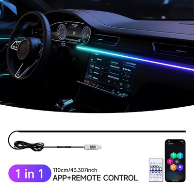 Automašīnas LED apkārtējā gaisma USB 64 krāsu akrila sloksnes 110 cm pilnas krāsas RGB automašīnas salons, slēptā lietotne tālvadības pults atmosfēras lampa