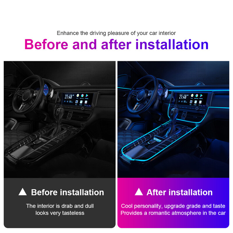 1/2/3/4/5M RGB automobilio salono atmosferos apšvietimas, aplinkos LED šviesos juosta USB šviesolaidinė atmosferinė lempa Neoniniai auto dekoratyviniai žibintai