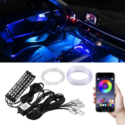 Automobilio interjeras Neoninis RGB LED aplinkos šviesos pluošto optinis rinkinys su APP garso valdymu, keliais režimais auto atmosferos dekoratyvinė lempa