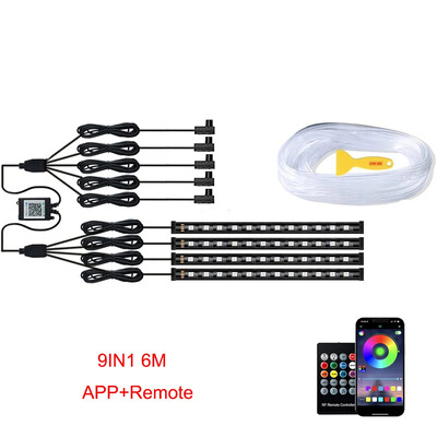 Neona LED apkārtējā apgaismojuma automašīna 6in1 8m RGB LED atmosfēras salona sloksne gaismas šķiedras optiskā APP vadība automātiskā LED dekoratīvā lampa