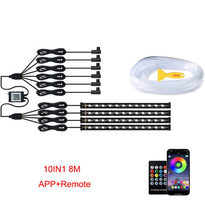 Neona LED apkārtējā apgaismojuma automašīna 6in1 8m RGB LED atmosfēras salona sloksne gaismas šķiedras optiskā APP vadība automātiskā LED dekoratīvā lampa