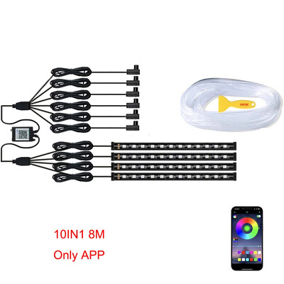 Neona LED apkārtējā apgaismojuma automašīna 6in1 8m RGB LED atmosfēras salona sloksne gaismas šķiedras optiskā APP vadība automātiskā LED dekoratīvā lampa