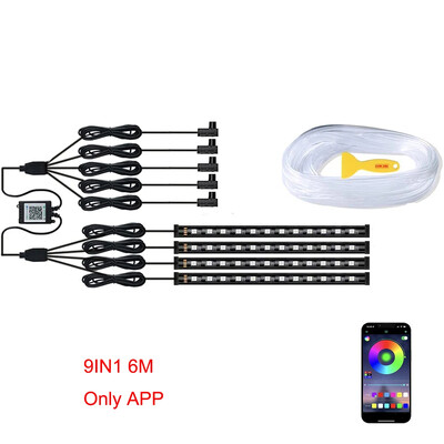 Neona LED apkārtējā apgaismojuma automašīna 6in1 8m RGB LED atmosfēras salona sloksne gaismas šķiedras optiskā APP vadība automātiskā LED dekoratīvā lampa