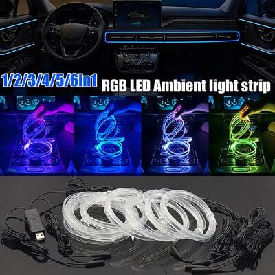 Automašīnas RGB apkārtējās gaismas LED gaismas sloksne USB optiskās šķiedras atmosfēra Neona neredzamā gaismas josla viduskonsoles durvju dekorēšanas lampa