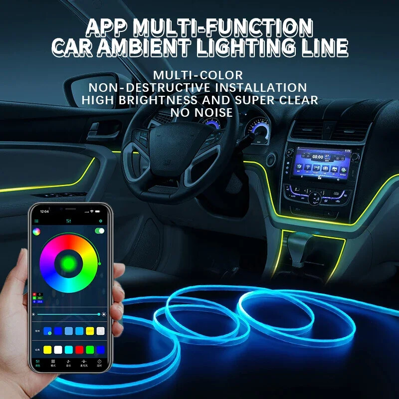 Automobilio RGB aplinkos LED šviesos juosta USB šviesolaidinė atmosfera Neoninė nematoma šviesos juosta centrinės konsolės durų apdailos lempa