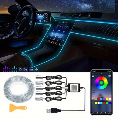 5 в 1 Автомобилен интериор LED лента за околна светлина 6M Fiber Optic Atmosphere Nelon Lighting Kit APP Дистанционно управление Автоматична декоративна лампа