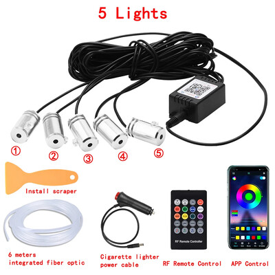 LED automašīnas salona apkārtējās sloksnes gaismas RGB optiskās šķiedras atmosfēras neona apgaismojuma komplekts ar APP tālvadības pulti Auto dekoratīvās lampas
