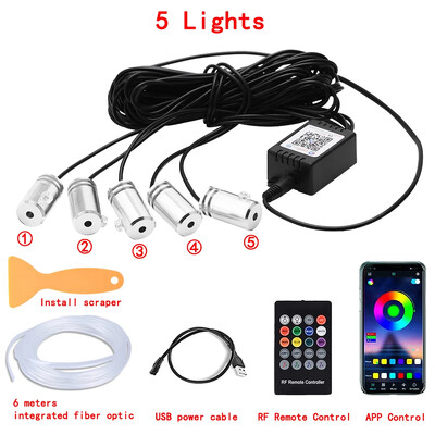 LED automašīnas salona apkārtējās sloksnes gaismas RGB optiskās šķiedras atmosfēras neona apgaismojuma komplekts ar APP tālvadības pulti Auto dekoratīvās lampas