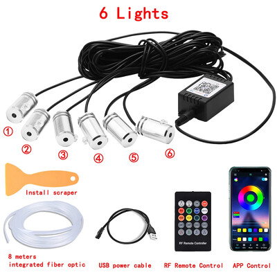 LED automašīnas salona apkārtējās sloksnes gaismas RGB optiskās šķiedras atmosfēras neona apgaismojuma komplekts ar APP tālvadības pulti Auto dekoratīvās lampas