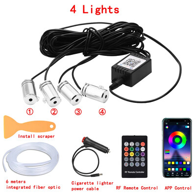 LED automašīnas salona apkārtējās sloksnes gaismas RGB optiskās šķiedras atmosfēras neona apgaismojuma komplekts ar APP tālvadības pulti Auto dekoratīvās lampas