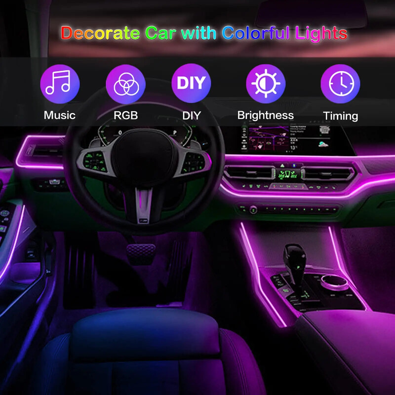 LED automobilio salono aplinkos juostiniai šviestuvai RGB šviesolaidinės atmosferos neoninio apšvietimo rinkinys su APP nuotolinio valdymo pulteliu auto dekoratyvinės lempos