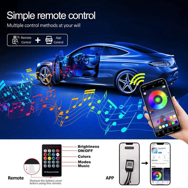 LED automobilio salono aplinkos juostiniai šviestuvai RGB šviesolaidinės atmosferos neoninio apšvietimo rinkinys su APP nuotolinio valdymo pulteliu auto dekoratyvinės lempos