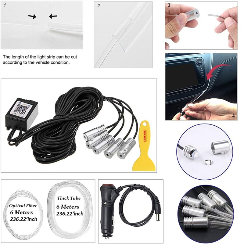 Automobilio salono LED šviesos juosta LED CARE RGB daugiaspalvė 5 viename aplinkos apšvietimo rinkinys su 238 colių optiniu pluoštu, 16 milijonų spalvų