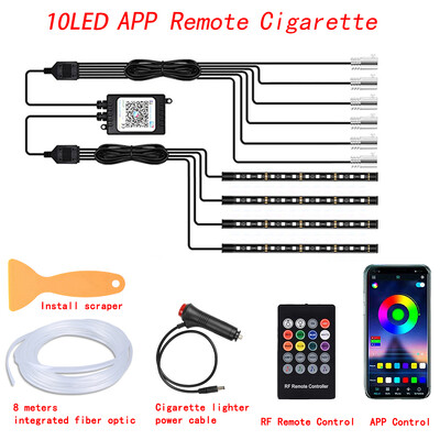 LED automašīnas salona apkārtējās sloksnes gaismas RGB optiskās šķiedras atmosfēras neona apgaismojuma komplekts ar APP tālvadības pulti Auto dekoratīvās lampas