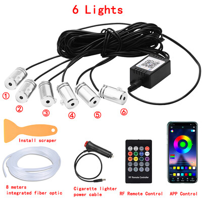 LED automašīnas salona apkārtējās sloksnes gaismas RGB optiskās šķiedras atmosfēras neona apgaismojuma komplekts ar APP tālvadības pulti Auto dekoratīvās lampas