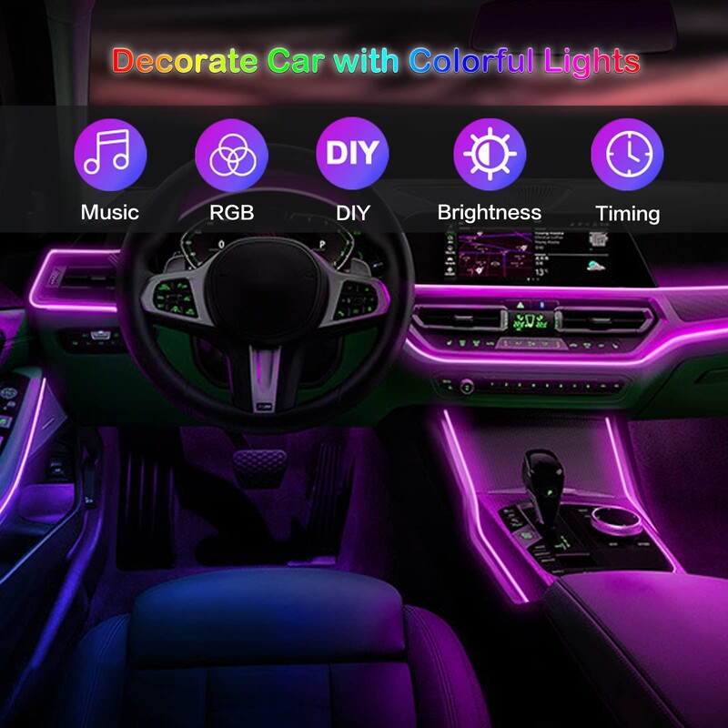 LED automobilio salono aplinkos juostiniai šviestuvai RGB šviesolaidinės atmosferos neoninio apšvietimo rinkinys su APP nuotolinio valdymo pulteliu auto dekoratyvinės lempos