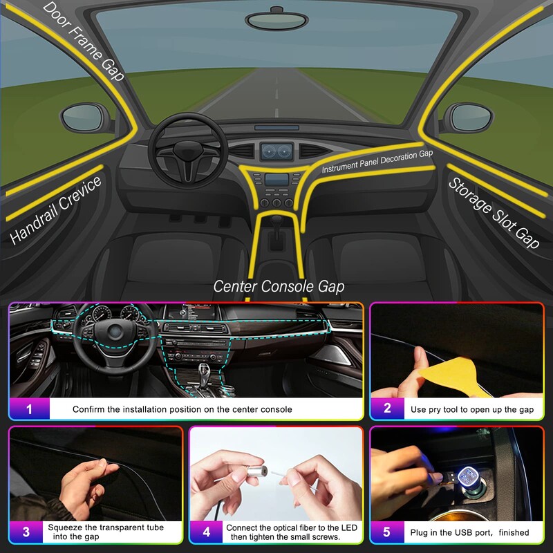 LED automobilio salono aplinkos juostiniai šviestuvai RGB šviesolaidinės atmosferos neoninio apšvietimo rinkinys su APP nuotolinio valdymo pulteliu auto dekoratyvinės lempos