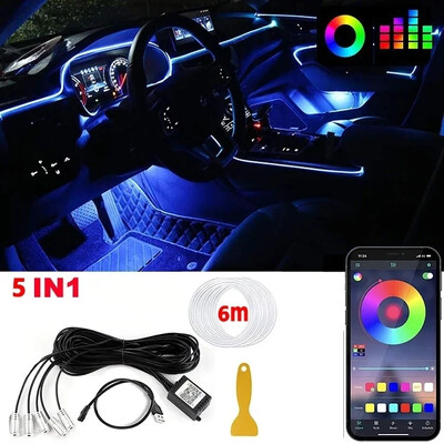 LED automašīnas salona apkārtējās gaismas sloksnes RGB optiskās šķiedras atmosfēras neona apgaismojuma komplekts ar APP tālvadības pulti Auto dekoratīvās lampas