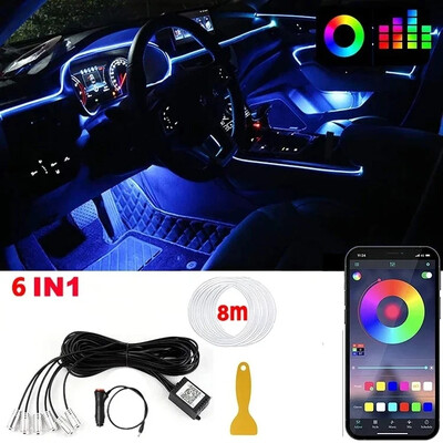 LED automašīnas salona apkārtējās gaismas sloksnes RGB optiskās šķiedras atmosfēras neona apgaismojuma komplekts ar APP tālvadības pulti Auto dekoratīvās lampas