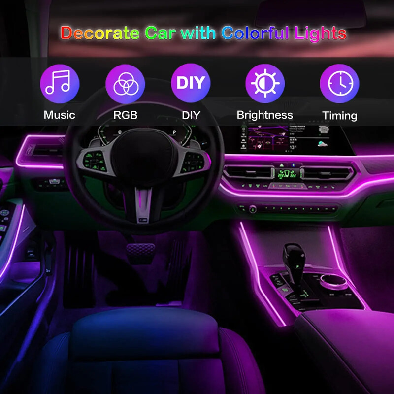 LED automobilio salono aplinkos juostiniai šviestuvai RGB šviesolaidinės atmosferos neoninio apšvietimo rinkinys su APP nuotolinio valdymo pulteliu auto dekoratyvinės lempos