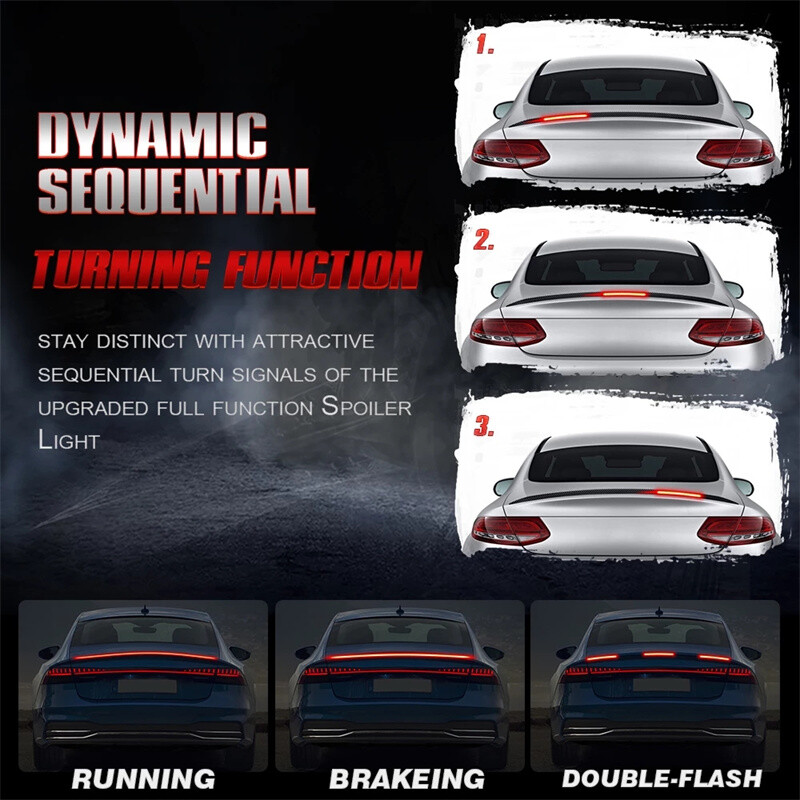 130 cm automobilio bagažinės galiniai stabdžių žibintai su keliais posūkio signalais DRL dienos metu aukštai montuojami automatiniai stabdymo žibintai, skirti transporto priemonių stiliui
