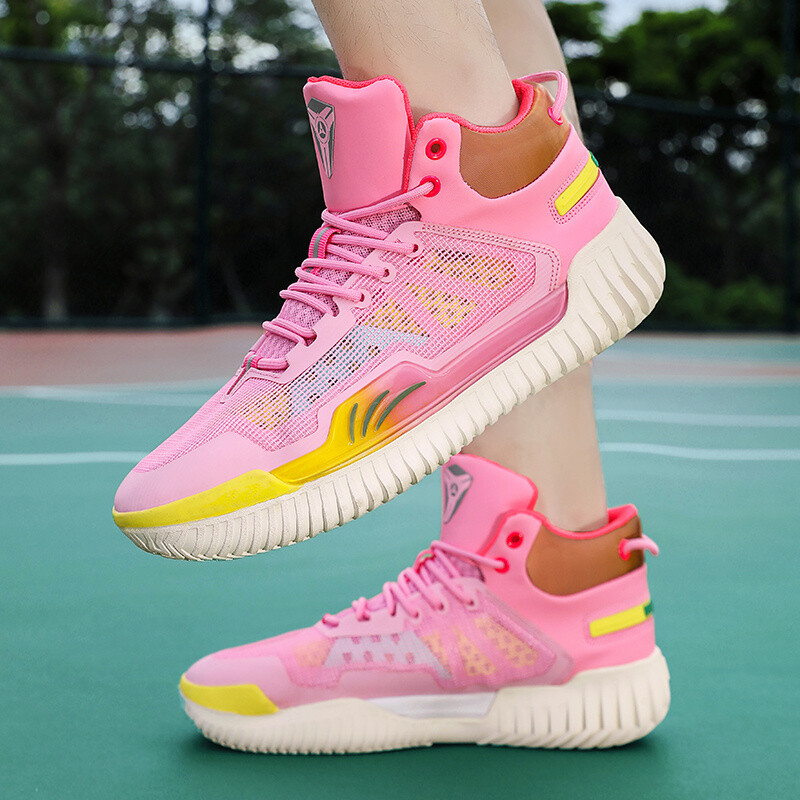 Aukštos kokybės krepšinio sportbačiai Vyriški profesionalūs neslystantys vyriški krepšinio treniruočių batai Rožiniai aukšti moteriški krepšinio sportiniai bateliai