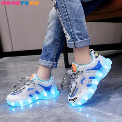 Pantofi de vară 2023 pentru fete, băieți, copii, pantofi cu LED-uri, plasă, respirabili, pantofi casual, încărcare prin USB, pantofi cu LED pentru copii, talpă luminoasă