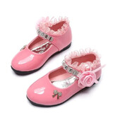 2021. gada jauni apavi puķu meitenēm Pavasara rudens princešu mežģīņu PU ādas apavi Jauki Bowknot Rhinestone apavi 3–11 gadu vecuma mazuļiem