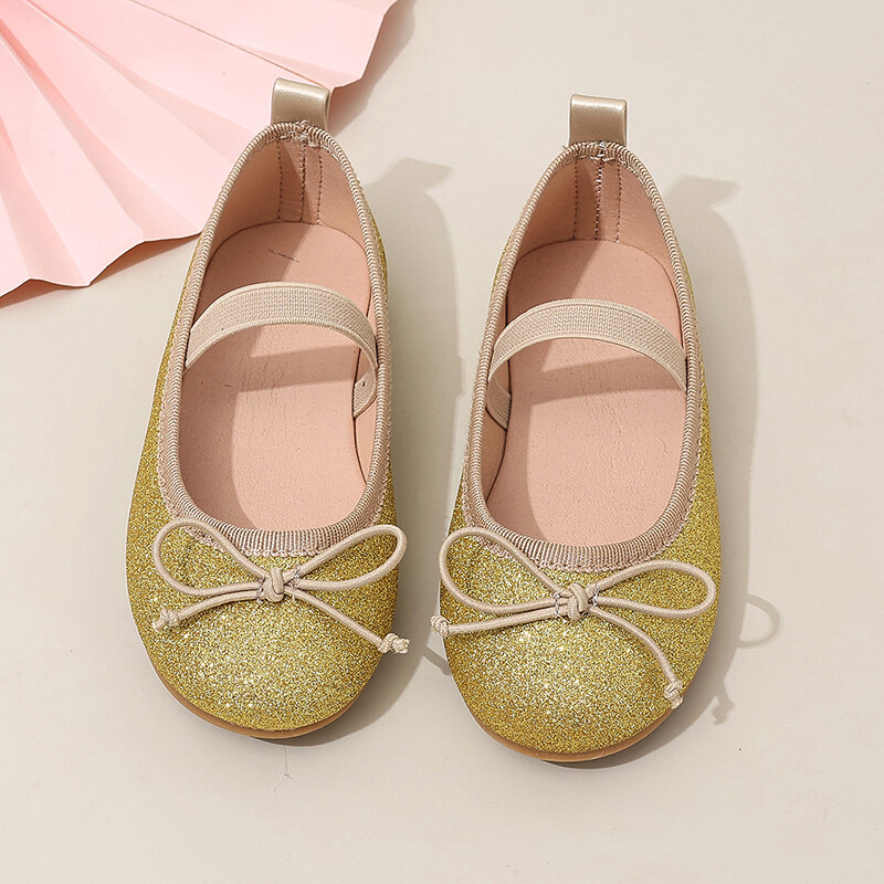 Bling Glitter Baleta apavi bērniem Klasiski apaļi purngalu tauriņi elastīga lente Balerīna Flats Girls Luxury Stage ballītes zelta krāsā