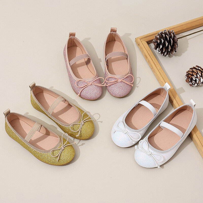 Bling Glitter Baleta apavi bērniem Klasiski apaļi purngalu tauriņi elastīga lente Balerīna Flats Girls Luxury Stage ballītes zelta krāsā