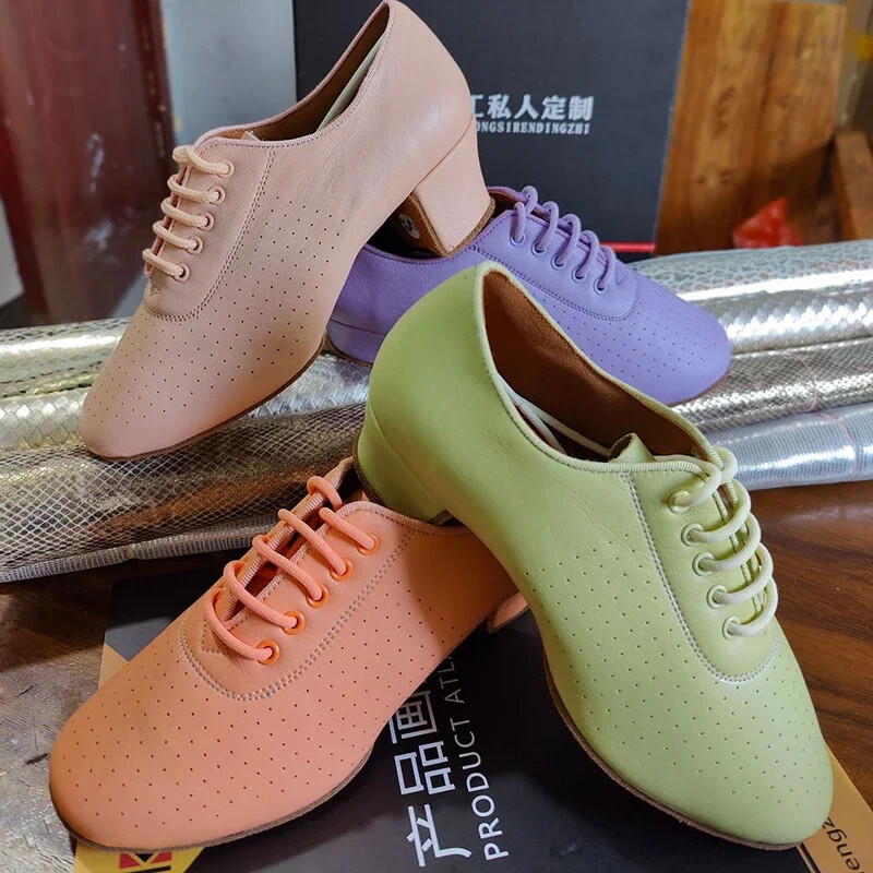 Skolotāju apavi Sieviešu latīņu deju apavi balles zālei Sieviešu govs ādas Modernie džeza deju apavi Oranžas un zaļas salsas deju apavi