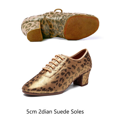 Salsa Jazz deju apavi sievietēm meitenēm Zelta leoparda raksta latīņu deju apavi sievietēm, mīkstas zoles, mežģīnes, 5 cm augsti papēži