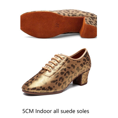 Salsa Jazz deju apavi sievietēm meitenēm Zelta leoparda raksta latīņu deju apavi sievietēm, mīkstas zoles, mežģīnes, 5 cm augsti papēži
