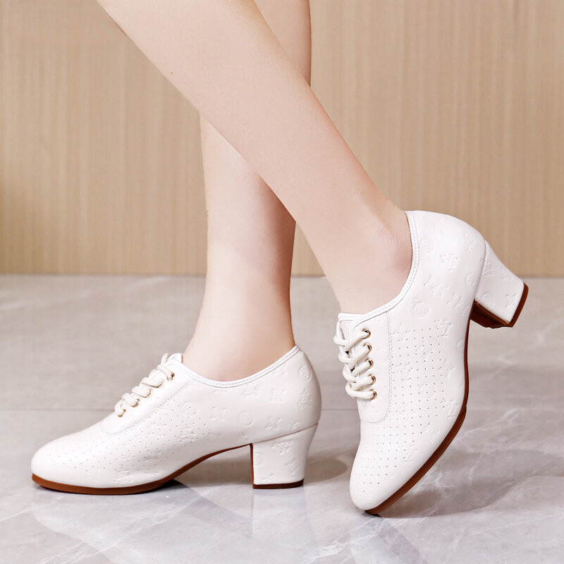 Sievietes īstas ādas latīņu deju apavi Kvadrātveida sporta apavi ar mīkstu zoli Deju Mujer kedas Elpojošas balles kurpes