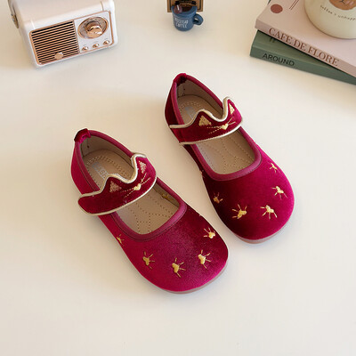 Meiteņu princeses apavi samta kaķu izšuvumi Jauki bērniem plakani apavi Vīns sarkans melns elastīgs apaļš purngals Pavasara bērnu apavi 23-34