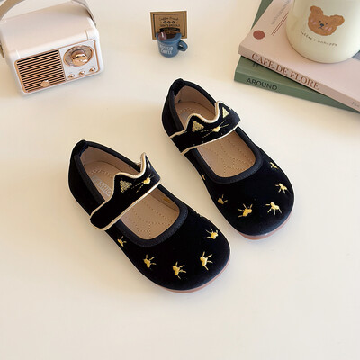 Meiteņu princeses apavi samta kaķu izšuvumi Jauki bērniem plakani apavi Vīns sarkans melns elastīgs apaļš purngals Pavasara bērnu apavi 23-34